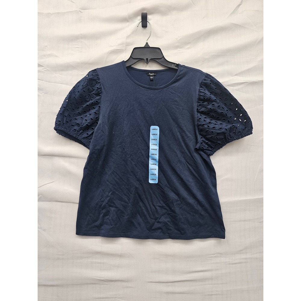 Express Womens Eyelet Puff‎ Sleeve Knit Top Navy Cotton Blend Casual Size Large